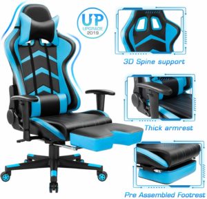 Furmax Gaming Chair High Back Racing Chair, Ergonomic Swivel Computer Chair Executive Leather Desk Chair with Footrest, Bucket Seat and Lumbar Support (Blue)