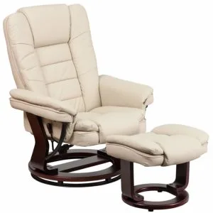 Flash Furniture Contemporary Beige Leather Recliner and Ottoman with Swiveling Mahogany Wood Base
