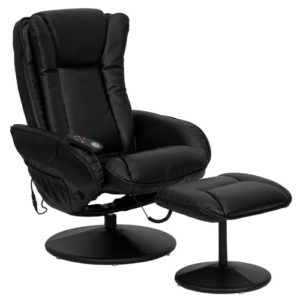 Flash Furniture Massaging Black Leather Recliner and Ottoman with Leather Wrapped Base