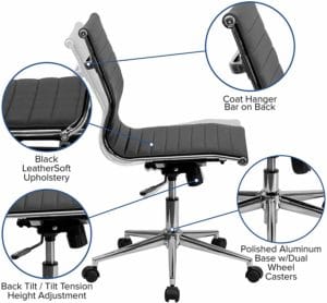 Flash Furniture Mid-Back Armless Black Ribbed LeatherSoft Swivel Conference Office Chair, BIFMA Certified